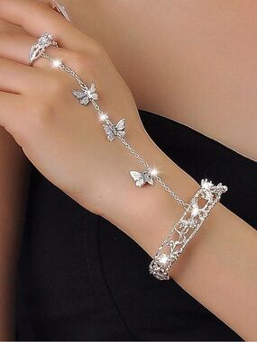 Anthropologie Silver Butterfly Hand Chain Bracelet